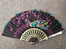 Cloth Peacock Pattern Embroidered Folding Hand Fan Gold Black Multicolored