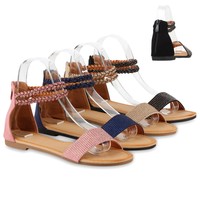 Damen Riemchensandalen Strass Flats Lederoptik Sandalen 810929
