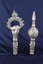 Vintage 2 Brass Weapons Asian (Club Sword Mace Staff Tops) Dragon Carved Chinese