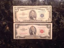 1953 C $2 Usn - Red Seal + 1953 A $5 Silver Certificate - Blue Seal