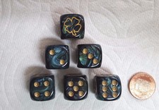 Dice -Chx Custom *6* 16mm *4-Leaf Clovers* - Scarab Jade w/Gold Pips & #1 Clover