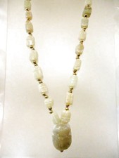 Vintage Carved Scarab Soap Stone Necklace Unique Hand Carved Beads 29"
