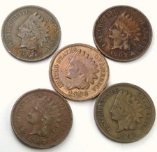 Lot Of 5 Better Grade Old Us Indian Head Pennies Full to Partial Liberty $3 S/H