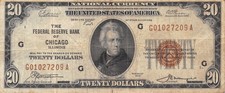 1929 $20 Federal Reserve Bank of Chicago, Il National Bank Note -Vf! Brown Seal