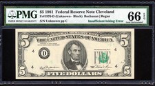 1981 $5 Cleveland "Insufficient Inking Error" + Pmg Gem New Uncirculated 66Epq