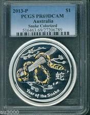 2013-P $1 Australia Colorized Snake 1 Oz. Silver Pcgs Pf69 Pr69 Scarce Proof !