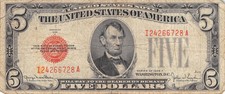 1928-F $5 Five Dollar Red Seal Note Bill Us Currency