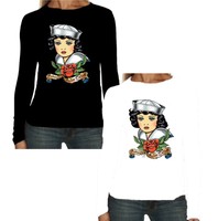 Velocitee Ladies Long Sleeve T-Shirt Sailor Delight Tattoo Rockabilly W12453