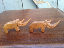 Hand Carved Fantastic Primitive Folk Art Wood Rhinoceros Rhino Pair