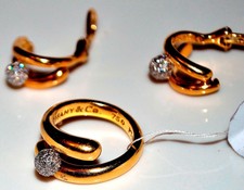 Authentic TIFFANY & Co. Gold Platinum & Diamond Set of Ring and Earrings