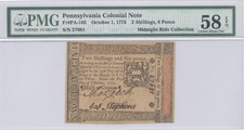 1773 Oct 1, 2 Shillings, 6d Pennsylvania Midnight Ride Pmg 58 Epq Cau F#: Pa-165