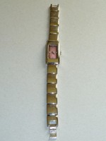 Damen Armbanduhr Uhr analog Silber mit rötlichem Ziffernblatt