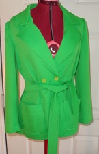 Vintage 60's 70's Mod Bright Green Double Breasted Blazer Jacket w/ Belt M