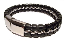 PULSERA DE HOMBRE CUERO ACERO INOXIDABLE CIERRE MAGNÉTICO NEGRO - PLATA