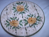 Keramik Teller Wandteller Keramikteller - Handgemalt - beige grün 3 Blumen