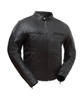 Mens Black Leather Vented Motorcycle Jacket w Mandarin Collar, Mesh Liner