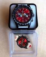 Herrenuhr Chronograph Look Flieger Rot Weiss Design Datumsanzeige