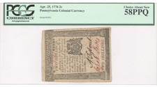 1776 Apr 25, 2 Shillings Pennsylvania Colonial Pcgs 58 Ppq Ch A New F#: Pa-203