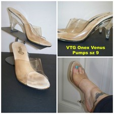 Vtg " Onex " Venus Clear Vamp with lucite Heel Mule Peep Toe Ladies Pumps sz 9