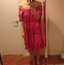Vtg Hand Crochet Cotton Pink Off the shoulder embroidered Babydoll dress S/M