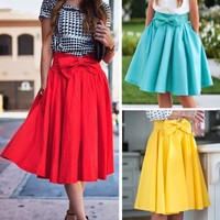 Damen Vintage Stretch Hohe Taille Einfarbig Skater Ausgestellt Plissiert