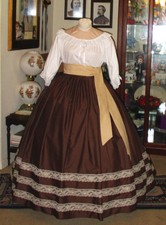 Civil War Dress~Victorian Style 100% Cotton Solid Chocolate Brown Skirt & Sash