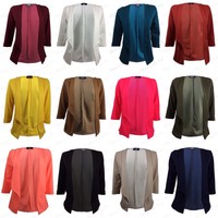 NEW WOMEN LADIES 3/4 TURN UP SLEEVE SMART BLAZER WATERFALL LOOK CARDIGAN JACKET 