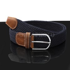 Durable Deep Blue Men Leather Braided Elastic Stretch Casual Golf Belt Waistband