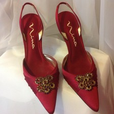 Vintage Red satin sling back heels made in Italy 9.5