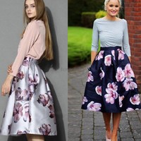Damen Sommer Vintage-Stil mit hoher Taille und Blumenrock midi Rock Ballkleid
