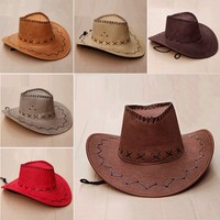 Herren Vintage Western Cowboy Kunstwildleder Leder Hut Breite Krempe Kappe Hut