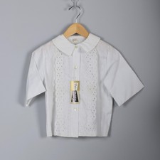 Vtg 50s Nos Girls White Eyelet Button Up Half Sleeve Shirt Summer