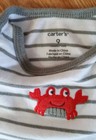 Carters size 9 months striped gray and white one piece crab romper 100% cotton