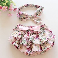 New Baby Girl Toddler Bloomer Diaper Nappy Cover Flower Shorts Bottoms +Headband