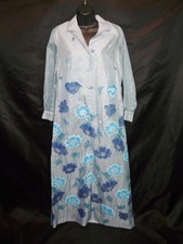 Vintage Alfred Shaheen 10 Blue Floral Hawaiian Maxi Dress Long Sheer Sleeves m