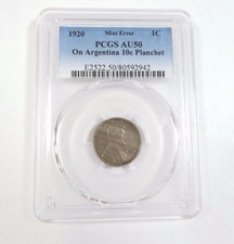Mint Error 1920 Lincoln Cent Pcgs Au 5O Struck Argentina 10-Cent Planchet