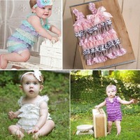 0-3Y Cute Babys Girls Newborn Solid Toddler Laces Ruffle Strap Rompers Jumpsuits
