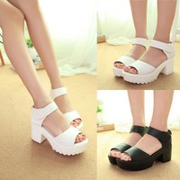 Mode Damen Plateau Sandalen Sommer Blockabsatz Klettband Schuhe Pumps Gr35-39