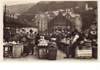 Ansichtskarten, Norwegen, Bergen, Fischmarkt, Marktstände, Markt, Personen,