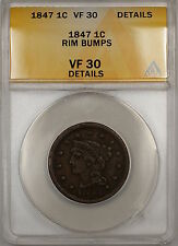 1847 Braided Hair Large Cent 1c Coin Anacs Vf-30 Details Rim Bumps