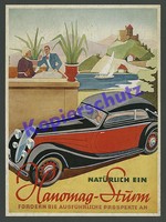 orig. Farb-Reklame Brünig Auto Hanomag Sturm Stromlinie Art Deco Hannover 1937!!