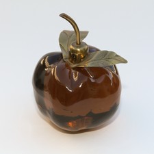 Brown Art Glass Fruit with Golden Leaves and Stem