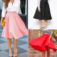 Vintage Damen Stretch Hohe Taille Skater Ausgestellt Plissiert Swing Langer Rock