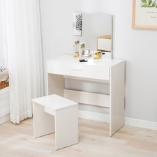 Giantex Tri Folding Mirror Black Wood Vanity Set Makeup Table Vanity White Dressing Table Stool Set Makeup Dresser Desk With Mirror Drawer