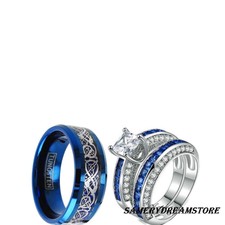 6 Ct Round Light Blue Genuine Moissanite Bridal Engagement Ring 10k His Tungsten And Her Cz Blue S 3 Pcs Engagement Wedding Ring Set